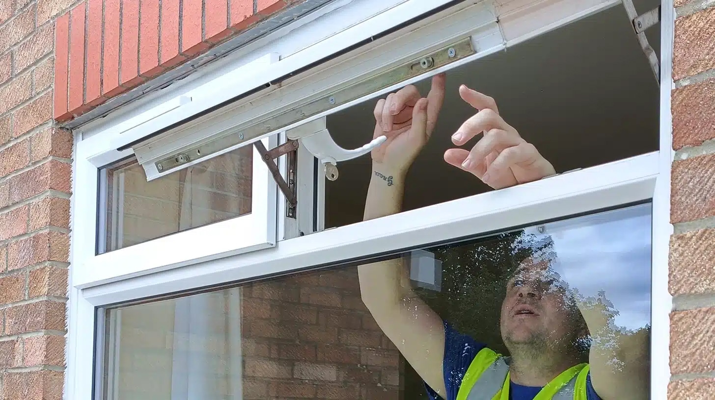Window repair technician safely replacing glass in a London property